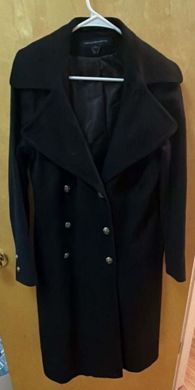 French Connection Women's Black Wool Blend Long Trench Coat Size 10